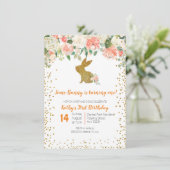 Invitation Beau lapin rose floral 1er anniversaire (Debout devant)