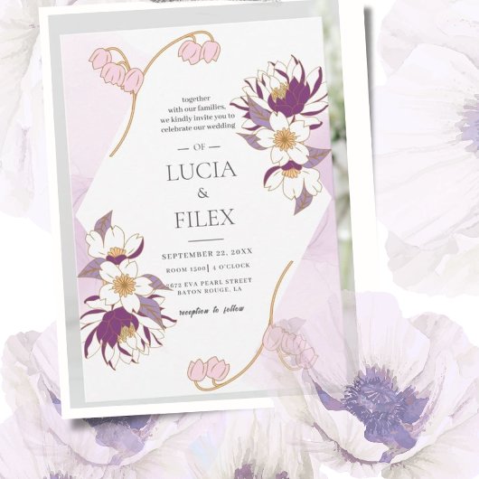 Invitation Beau Lotus Pruple Classique & Mariage d'encre coul