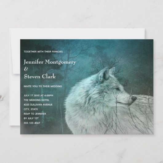 Invitation Beau loup gris dans un Mariage de forêt foncée (Devant)