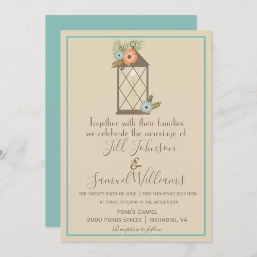 Invitation Beau Mariage à lanterne beige et bleu (Devant / Derrière)