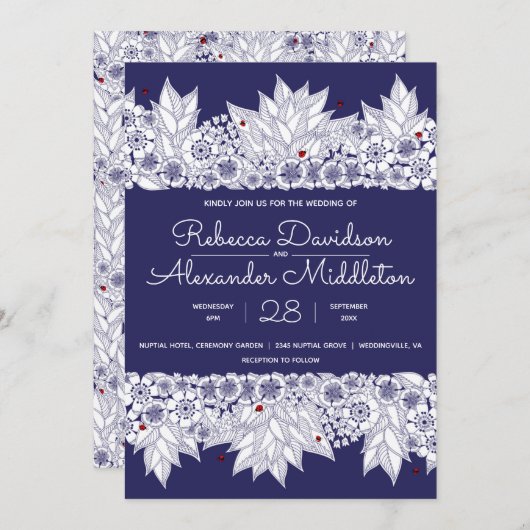 Invitation Beau Mariage bleu et blanc (Devant / Derrière)