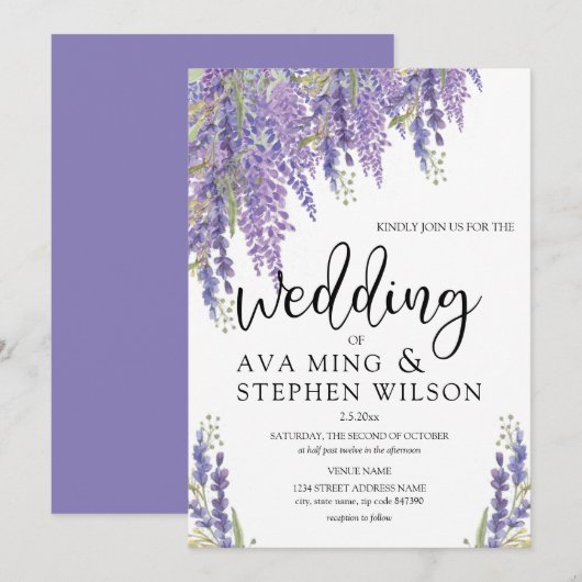 Invitation Beau Mariage d'aquarelle de l'arbre Wisteria (Devant / Derrière)