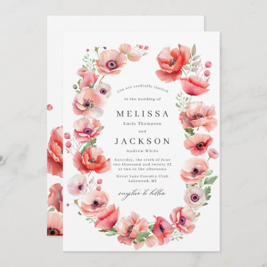 Invitation Beau Mariage de design de fleur rose et rouge pavo (Devant / Derrière)