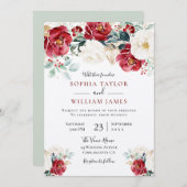 Invitation Beau Mariage de fleurs rouge blanc vert (Devant / Derrière)
