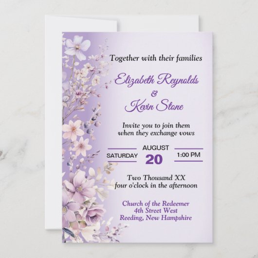 Invitation Beau Mariage de fleurs violettes (Devant)