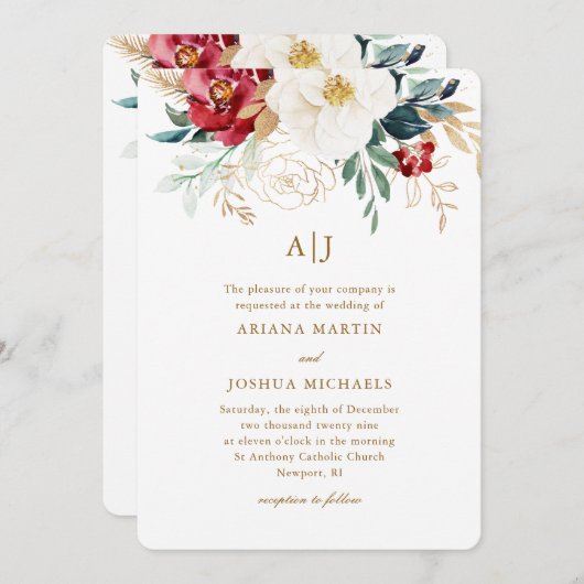 Invitation Beau Mariage de Noël Floral (Devant / Derrière)