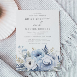 Invitation Beau Mariage floral bleu Dusty