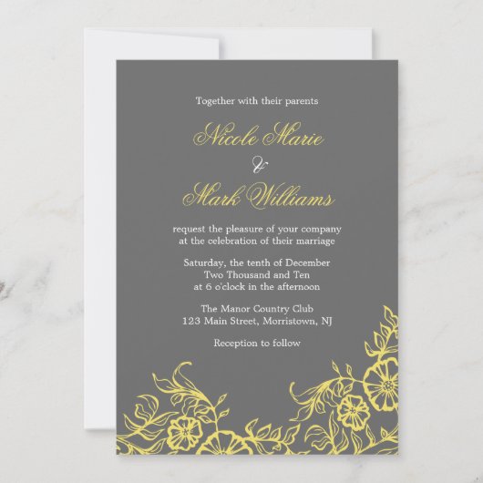 Invitation Beau mariage floral jaune et gris (Devant)