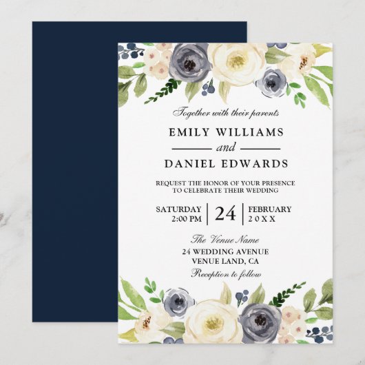 Invitation Beau Mariage Floral Marine & Champagne Blanc (Devant / Derrière)