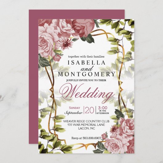 Invitation Beau Mariage Floral Mauve (Devant / Derrière)