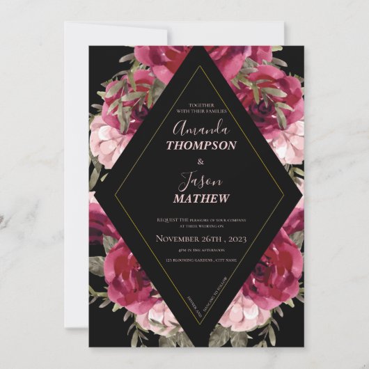 Invitation Beau Mariage floral noir Bourgogne rose (Devant)
