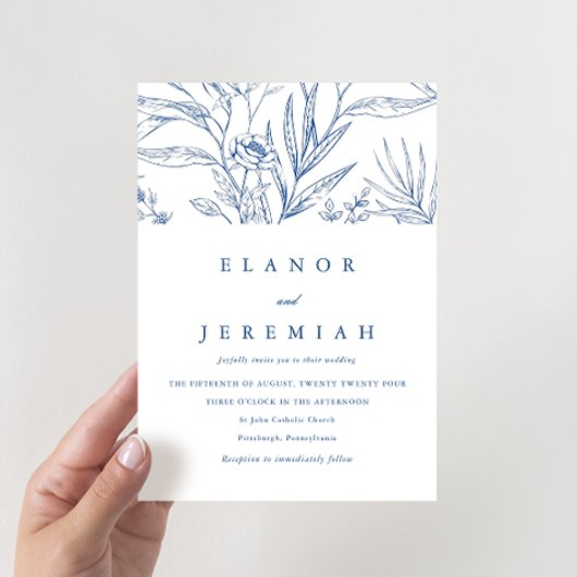 Invitation Beau Mariage photo floral bleu et blanc