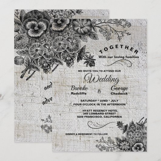 Invitation Beau noir & gris Mariage de fleurs artistiques (Devant / Derrière)