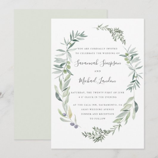 Invitation Beau Olive et mariage de couronne feuille (Devant / Derrière)