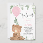 Invitation Beau ours rose ballon vert verdure fille baby show (Devant)