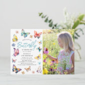 Invitation Beau papillon aquarelle fille photo Anniversaire (Debout devant)
