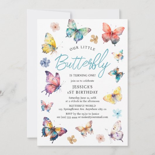 Invitation Beau papillon aquarelle fille's Birthday (Devant)