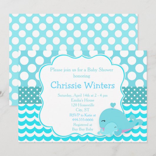 Invitation Beau Parent & Bébé Baleine Baby shower Garçon bleu (Devant / Derrière)