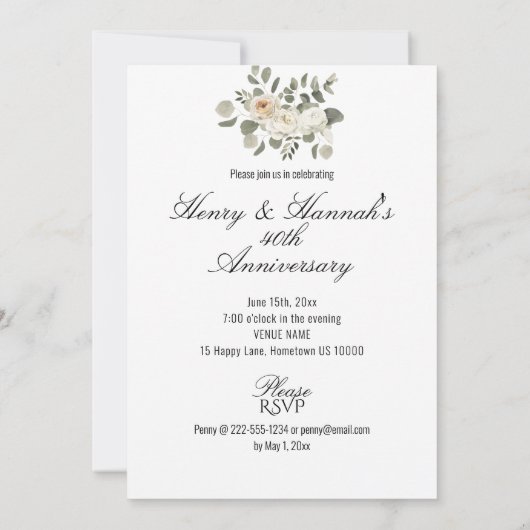 Invitation Beau Pastel Floral 40e ANNIVERSAIRE (Dos)