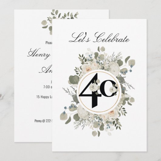 Invitation Beau Pastel Floral 40e ANNIVERSAIRE (Devant / Derrière)