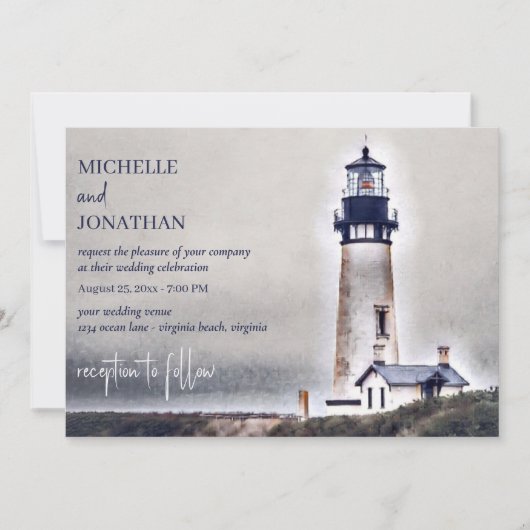 Invitation Beau phare Nautical Beach Mariage (Devant)
