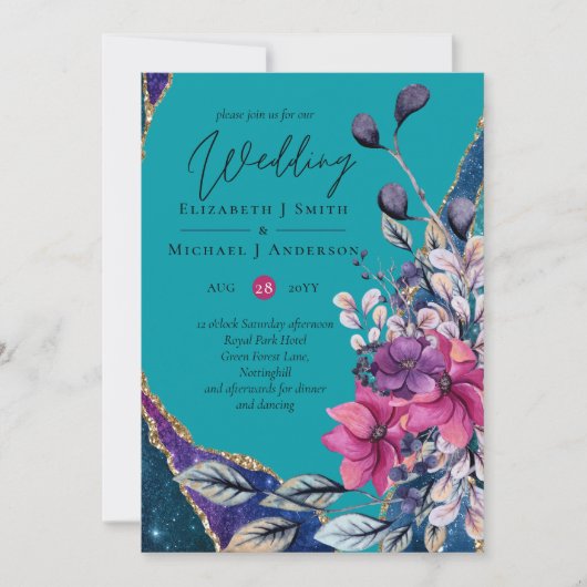 Invitation Beau Purple Turquoise Floral Agate Mariage (Devant)