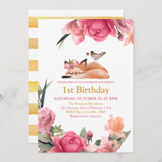 Invitation Beau renard doré et fleurs 1er anniversaire (Devant / Derrière)