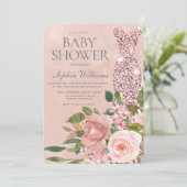 Invitation Beau Robe rose Rose Baby shower or (Debout devant)