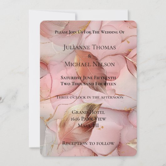 Invitation Beau Romantique Blush Feuille or rose Mariage (Devant)