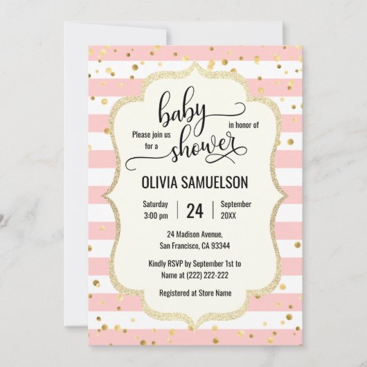 Invitation Beau rose Blancs Or Baby shower Noir (Devant)