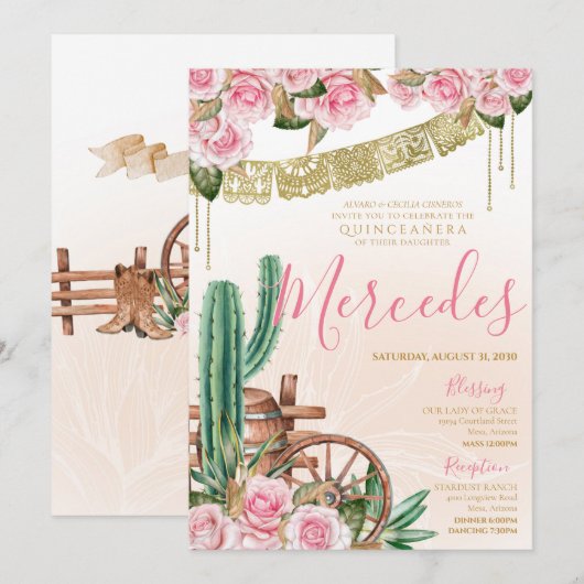 Invitation Beau Rose Cactus Western Charro Quinceanera (Devant / Derrière)