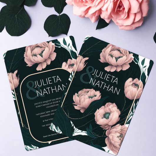 Invitation Beau rose émeraude Peony Mariage floral