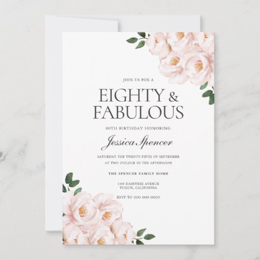 Invitation Beau rose pâle Elégant 80e anniversaire (Devant)
