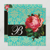 INVITATION BEAU ROSE ROSE BLEU BLEU DAMASK MONOGRAM (Devant / Derrière)