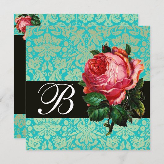 INVITATION BEAU ROSE ROSE BLEU BLEU DAMASK MONOGRAM (Devant / Derrière)