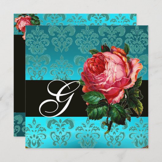 INVITATION BEAU ROSE ROSE BLEU BLEU DAMASK MONOGRAM (Devant / Derrière)