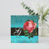 INVITATION BEAU ROSE ROSE BLEU BLEU DAMASK MONOGRAM (Debout devant)