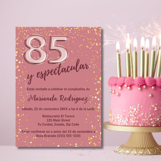 Invitation Beau Rose rose or 85e anniversaire espagnol