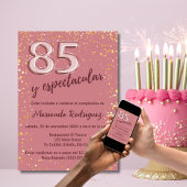 Invitation Beau Rose rose or 85e anniversaire espagnol