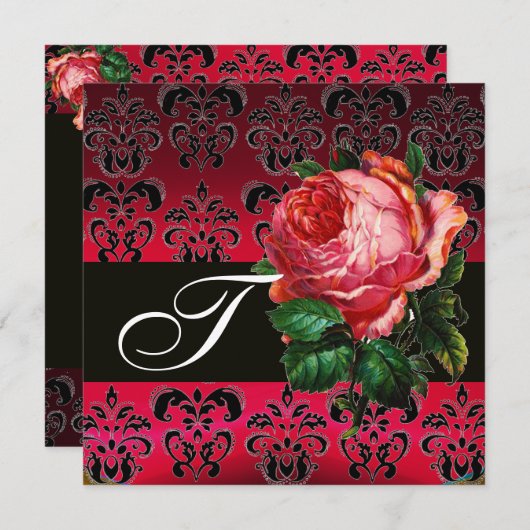 INVITATION BEAU ROSE ROSE ROSE FUCHSIA NOIR DAMASK MONOGRAM (Devant / Derrière)