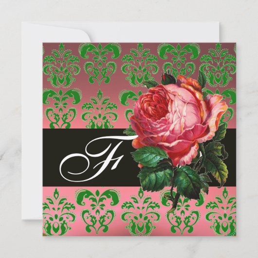 INVITATION BEAU ROSE ROSE VERT NOIR ROSE DAMASK MONOGRAM (Devant)