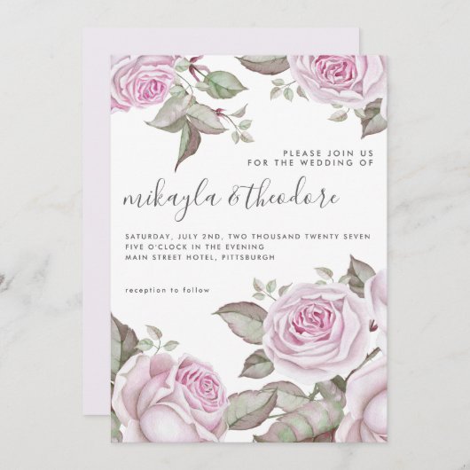 Invitation Beau Roses d'aquarelle violet doux (Devant / Derrière)