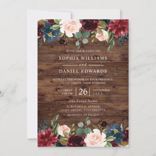 Invitation Beau Rustique Bourgogne Blush Floral Mariage (Devant)