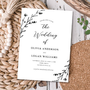 Invitation Beau Rustique Fleur sauvage noir blanc Mariage Boh