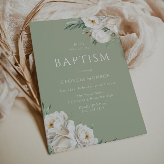 Invitation Beau Sage Vert & Blanc Floral Baptême