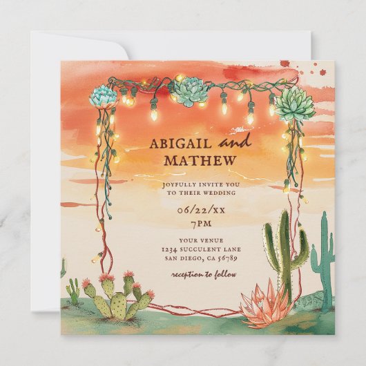 Invitation Beau succulent Cactus Sunset Boho Mariage (Devant)