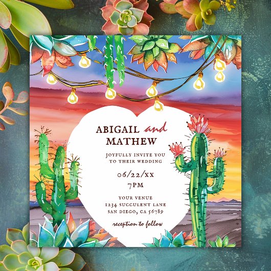 Invitation Beau succulent Cactus Sunset Mariage de coeur