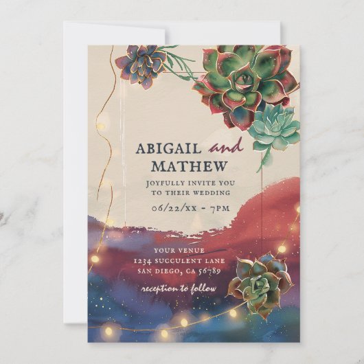 Invitation Beau Succulent Cactus Sunset SoCal Mariage (Devant)