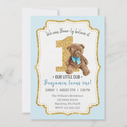Invitation Beau Teddy Bear Vintage 1er anniversaire (Devant)
