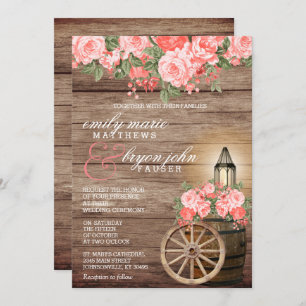 Invitation Beau tonneau en bois Patiné et fleurs de corail